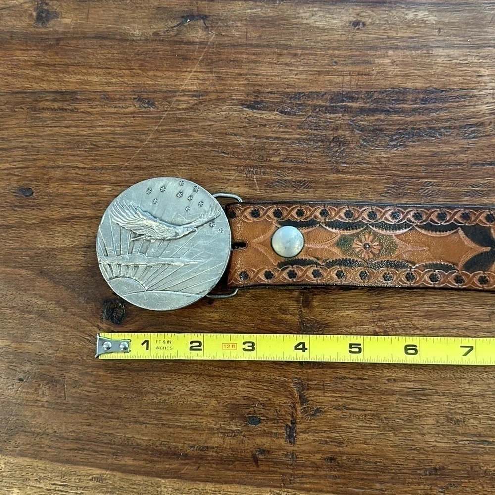 Bergamot Brass Works Vintage Tooled Leather Belt with Soaring Eagle Brass Buckle